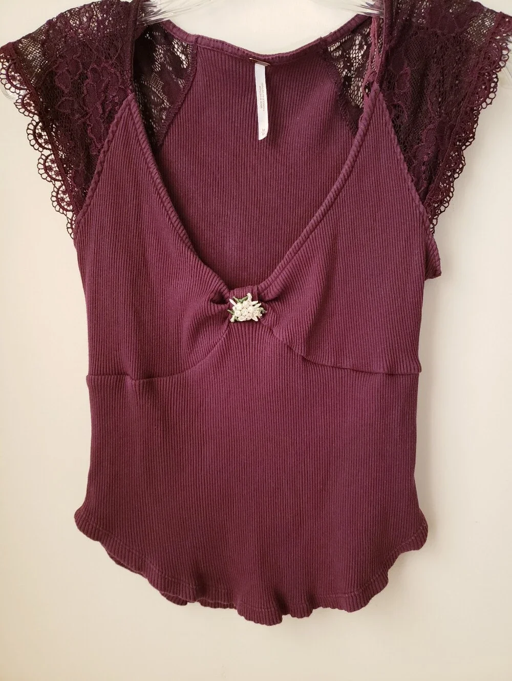 Free People Maroon Let's Talk Baby Tee Shirt